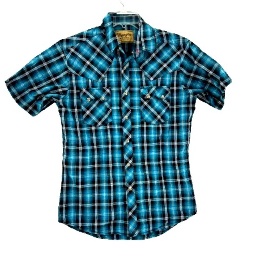 Wrangler Men's Retro Shirt Western Sawtooth Pockets Pearl Snap Medium Blue Plaid